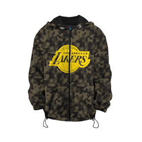 Детская куртка 3D с принтом Los Angeles Lakers Camo Gold в Курске, 100% полиэстер | застежка — молния, подол и капюшон оформлены резинкой с фиксаторами, по бокам — два кармана без застежек, один потайной карман на груди, плотность верхнего слоя — 90 г/м2; плотность флисового подклада — 260 г/м2 | 