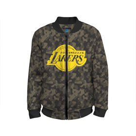 Детский бомбер 3D с принтом Los Angeles Lakers Camo Gold в Курске, 100% полиэстер | застегивается на молнию, по бокам два кармана без застежек, мягкие манжеты, по низу бомбера и на воротнике — эластичная резинка | 