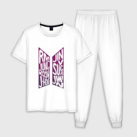 Мужская пижама хлопок с принтом BTS (Имена). в Курске, 100% хлопок | брюки и футболка прямого кроя, без карманов, на брюках мягкая резинка на поясе и по низу штанин
 | 2019 | bts | j hope | jimin | jin | jungkook | k pop | new | rm | suga | v | бтс | имена | лого | логотип | музыка | надпись | хлопок | эмблема