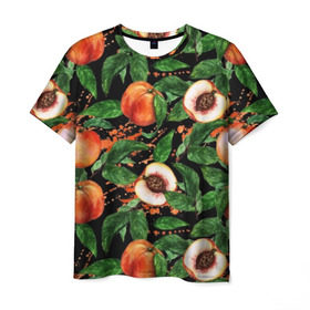 Мужская футболка 3D с принтом Персики в Курске, 100% полиэфир | прямой крой, круглый вырез горловины, длина до линии бедер | аромат | зелень | лето | листья | персик | плоды | сад | сочный | спелый | фрукты | цветы