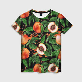 Женская футболка 3D с принтом Персики в Курске, 100% полиэфир ( синтетическое хлопкоподобное полотно) | прямой крой, круглый вырез горловины, длина до линии бедер | аромат | зелень | лето | листья | персик | плоды | сад | сочный | спелый | фрукты | цветы
