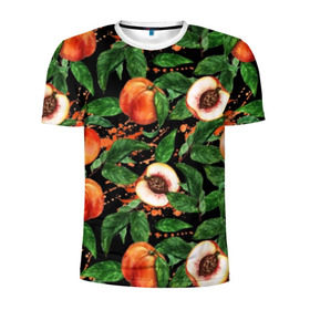 Мужская футболка 3D спортивная с принтом Персики в Курске, 100% полиэстер с улучшенными характеристиками | приталенный силуэт, круглая горловина, широкие плечи, сужается к линии бедра | аромат | зелень | лето | листья | персик | плоды | сад | сочный | спелый | фрукты | цветы