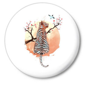 Значок с принтом Тигр на дереве сакуры в Курске,  металл | круглая форма, металлическая застежка в виде булавки | Тематика изображения на принте: 
