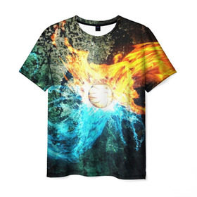 Мужская футболка 3D с принтом Альфа и Омега в Курске, 100% полиэфир | прямой крой, круглый вырез горловины, длина до линии бедер | битва огней | битва стихий | взрыв | вода | лед и пламя | лучи | огонь | огонь и вода | пламя | скала | текстура | энергия