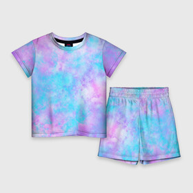 Детский костюм с шортами 3D с принтом Мрамор Tie Dye в Курске,  |  | tie dye | летняя футболка | розовый | синий | тай дай | фиолетовый | яркая футболка