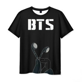 Мужская футболка 3D с принтом BTS(наушники в руке) в Курске, 100% полиэфир | прямой крой, круглый вырез горловины, длина до линии бедер | bangtan boys | beyond the scene | bts | бтс | группа | музыка | песни | южнокорейский бойбенд
