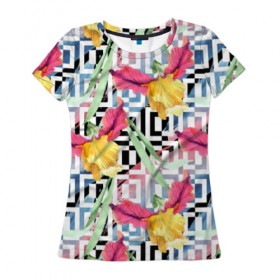 Женская футболка 3D с принтом Летняя абстракция в Курске, 100% полиэфир ( синтетическое хлопкоподобное полотно) | прямой крой, круглый вырез горловины, длина до линии бедер | 3d | абстракция | зелень | квадратики | лето | листья | мода | природа | цветы