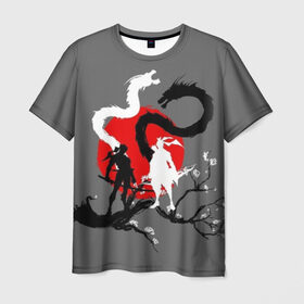 Мужская футболка 3D с принтом Битва драконов в Курске, 100% полиэфир | прямой крой, круглый вырез горловины, длина до линии бедер | Тематика изображения на принте: anime | meme | tokyo | аниме | герой | иероглиф | луна | манга | сакура | самурай | солнце | стиль | фентези | япония