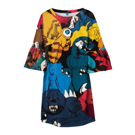 Детское платье 3D с принтом Годзилла в Курске, 100% полиэстер | прямой силуэт, чуть расширенный к низу. Круглая горловина, на рукавах — воланы | godzilla | king of the monsters | годзила | годзилла 2 | король монстров