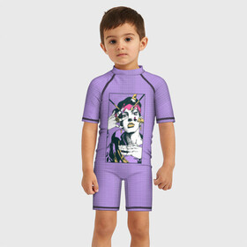 Детский купальный костюм 3D с принтом Kishibe Rohan in Purple в Курске, Полиэстер 85%, Спандекс 15% | застежка на молнии на спине | diamond is unbreakable | heavens door | jjba | jojo | kishibe | rohan