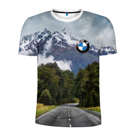 Мужская футболка 3D спортивная с принтом BMW в Курске, 100% полиэстер с улучшенными характеристиками | приталенный силуэт, круглая горловина, широкие плечи, сужается к линии бедра | asphalt | bmw | clouds | forest | mountains | nature | road | route | sky | snow | top | асфальт | бмв | вершина | горы | дорога | лес | небо | облака | природа | снег | трасса