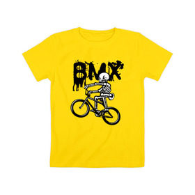Детская футболка хлопок с принтом BMX в Курске, 100% хлопок | круглый вырез горловины, полуприлегающий силуэт, длина до линии бедер | bike | bmx | bones | extreme | skeleton | skull | sport | велосипед | скелет | спорт | череп | экстрим