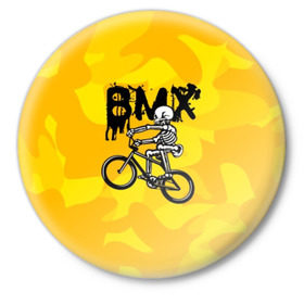 Значок с принтом BMX в Курске,  металл | круглая форма, металлическая застежка в виде булавки | Тематика изображения на принте: bike | bmx | bones | extreme | skeleton | skull | sport | велосипед | скелет | спорт | череп | экстрим