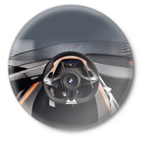 Значок с принтом BMW в Курске,  металл | круглая форма, металлическая застежка в виде булавки | bmw | car | car interior | steering | windshield | автомобиль | бмв | лобовое стекло | руль | салон