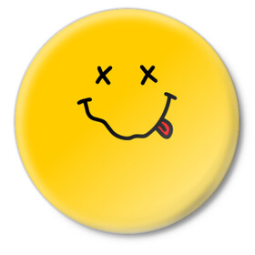 Значок с принтом NIRVANA SMILE в Курске,  металл | круглая форма, металлическая застежка в виде булавки | music | nirvana | rip smile | rock | smile | группа | курт кобейн | музыка | нирвана | рок | смайл
