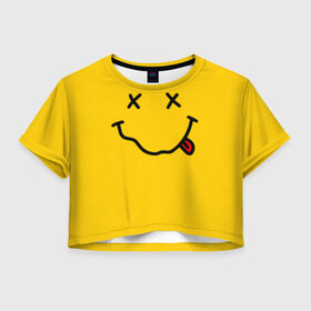 Женская футболка Cropp-top с принтом NIRVANA SMILE в Курске, 100% полиэстер | круглая горловина, длина футболки до линии талии, рукава с отворотами | music | nirvana | rip smile | rock | smile | группа | курт кобейн | музыка | нирвана | рок | смайл