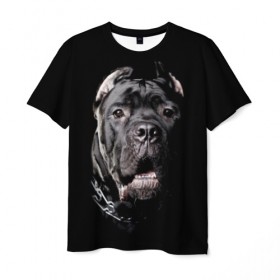 Мужская футболка 3D с принтом Мастиф в Курске, 100% полиэфир | прямой крой, круглый вырез горловины, длина до линии бедер | animal | black | collar | dog | friend | look | man | muzzle | взгляд | друг | животное | мастиф | ошейник | пёс | собака | человека | черный