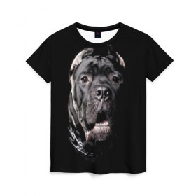 Женская футболка 3D с принтом Мастиф в Курске, 100% полиэфир ( синтетическое хлопкоподобное полотно) | прямой крой, круглый вырез горловины, длина до линии бедер | animal | black | collar | dog | friend | look | man | muzzle | взгляд | друг | животное | мастиф | ошейник | пёс | собака | человека | черный