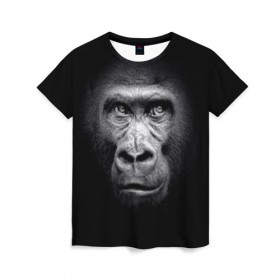 Женская футболка 3D с принтом Горилла в Курске, 100% полиэфир ( синтетическое хлопкоподобное полотно) | прямой крой, круглый вырез горловины, длина до линии бедер | animal | black | eyes | fauna | gorilla | gray | look | monkey | muzzle | primate | взгляд | глаза | горилла | животное | обезьяна | примат | серый | фауна | черный