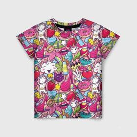 Детская футболка 3D с принтом Девчачьи радости в Курске, 100% гипоаллергенный полиэфир | прямой крой, круглый вырез горловины, длина до линии бедер, чуть спущенное плечо, ткань немного тянется | cat | clou | crown | flower | funny | graffiti | heart | kitten | lips | lollipop | shoes | sneakers | strawberry | unicorn | граффити | губы | единорог | звезда | кеды | клубника | корона | кот | котёнок | леденец | мороженое | облако | обувь | помада | 