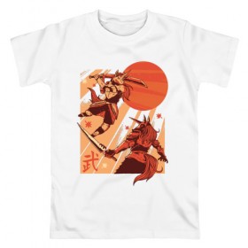 Мужская футболка хлопок с принтом Битва Единорогов в Курске, 100% хлопок | прямой крой, круглый вырез горловины, длина до линии бедер, слегка спущенное плечо. | unicorn | единорог | ниндзя | самураи | самурай | япония