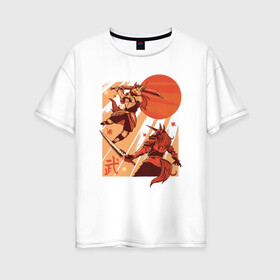 Женская футболка хлопок Oversize с принтом Битва Единорогов в Курске, 100% хлопок | свободный крой, круглый ворот, спущенный рукав, длина до линии бедер
 | unicorn | единорог | ниндзя | самураи | самурай | япония