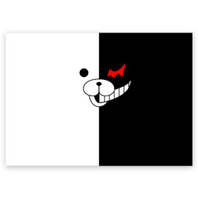 Поздравительная открытка с принтом MONOKUMA (КАПЮШОН) | МОНОКУМА в Курске, 100% бумага | плотность бумаги 280 г/м2, матовая, на обратной стороне линовка и место для марки
 | Тематика изображения на принте: anime | bear | black  white | danganronpa | kurokuma | monodam | monokuma | monomi | monotaro | pink | rabbit | school | shirokuma | аниме | главарь | мoноми | монокума | черно белый | школа