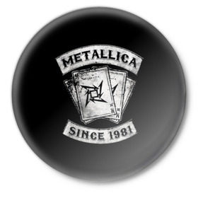 Значок с принтом Metallica в Курске,  металл | круглая форма, металлическая застежка в виде булавки | Тематика изображения на принте: album | black | concert | heavy | kirk | metal | metallica | music | rock | tolls | джеймс хэтфилд | кирк хэмметт | клифф бёртон | ларс ульрих | метал | металлика | трэш