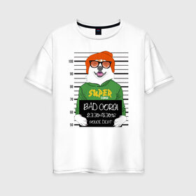Женская футболка хлопок Oversize с принтом Плохой Корги в Курске, 100% хлопок | свободный крой, круглый ворот, спущенный рукав, длина до линии бедер
 | corgi | банда | бандит | гангстер | заключенный | корги | собака | собаки