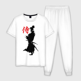 Мужская пижама хлопок с принтом Самурай в Курске, 100% хлопок | брюки и футболка прямого кроя, без карманов, на брюках мягкая резинка на поясе и по низу штанин
 | Тематика изображения на принте: воин | восточные | дух | единоборства | иероглиф | катана | о.м.с.к. | самурай | самурайский | сегун | япония