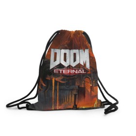 Рюкзак-мешок 3D с принтом DOOM Eternal в Курске, 100% полиэстер | плотность ткани — 200 г/м2, размер — 35 х 45 см; лямки — толстые шнурки, застежка на шнуровке, без карманов и подкладки | bethesda | dead | death | doom | doom eternal | game | games | metal | monster | ps4 | space | steam | xbox | дум | игра | космос | метал | меч | экшн