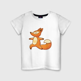 Детская футболка хлопок с принтом Лисенок занимается йогой в Курске, 100% хлопок | круглый вырез горловины, полуприлегающий силуэт, длина до линии бедер | Тематика изображения на принте: fox | гимнастика | йога | лис | лиса | лисенок | рыжая | упражнения