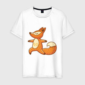 Мужская футболка хлопок с принтом Лисенок занимается йогой в Курске, 100% хлопок | прямой крой, круглый вырез горловины, длина до линии бедер, слегка спущенное плечо. | Тематика изображения на принте: fox | гимнастика | йога | лис | лиса | лисенок | рыжая | упражнения