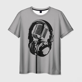 Мужская футболка 3D с принтом Микрофон в Курске, 100% полиэфир | прямой крой, круглый вырез горловины, длина до линии бедер | black | gray | headphones | microphone | music | music lover | sound | звук | меломан | микрофон | музыка | наушники | серый | черный