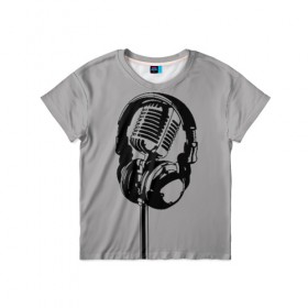 Детская футболка 3D с принтом Микрофон в Курске, 100% гипоаллергенный полиэфир | прямой крой, круглый вырез горловины, длина до линии бедер, чуть спущенное плечо, ткань немного тянется | black | gray | headphones | microphone | music | music lover | sound | звук | меломан | микрофон | музыка | наушники | серый | черный