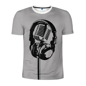Мужская футболка 3D спортивная с принтом Микрофон в Курске, 100% полиэстер с улучшенными характеристиками | приталенный силуэт, круглая горловина, широкие плечи, сужается к линии бедра | black | gray | headphones | microphone | music | music lover | sound | звук | меломан | микрофон | музыка | наушники | серый | черный