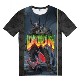 Мужская футболка 3D с принтом Doom Enternal в Курске, 100% полиэфир | прямой крой, круглый вырез горловины, длина до линии бедер | Тематика изображения на принте: 3d | doom enternal | игра | компьютерная | логотип | темный | шутер