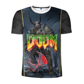 Мужская футболка 3D спортивная с принтом Doom Enternal в Курске, 100% полиэстер с улучшенными характеристиками | приталенный силуэт, круглая горловина, широкие плечи, сужается к линии бедра | Тематика изображения на принте: 3d | doom enternal | игра | компьютерная | логотип | темный | шутер