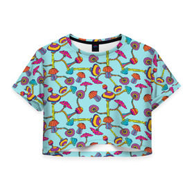 Женская футболка Cropp-top с принтом Грибы в Курске, 100% полиэстер | круглая горловина, длина футболки до линии талии, рукава с отворотами | blue | bright | cheerful | colorful | funny | green | mushroom | mushrooms | orange | pink | purple | yellow | веселый | грибы | желтый | зеленый | красочный | мухомор | оранжевый | прикольный | розовый | фиолетовый | яркий