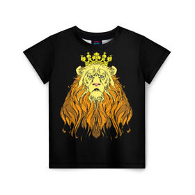 Детская футболка 3D с принтом Лев в Курске, 100% гипоаллергенный полиэфир | прямой крой, круглый вырез горловины, длина до линии бедер, чуть спущенное плечо, ткань немного тянется | animal | beast | crown | king | lion | mane | muzzle | orange | view | yellow | взгляд | грива | желтый | животное | зверь | корона | лев | оранжевый | царь