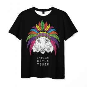 Мужская футболка 3D с принтом Indian style tiger в Курске, 100% полиэфир | прямой крой, круглый вырез горловины, длина до линии бедер | animal | ethnic | feathers | multicolored | muzzle | predator | tiger | животное | перья | разноцветный | тигр | этнический