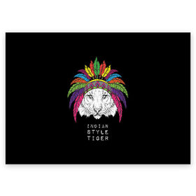 Поздравительная открытка с принтом Indian style tiger в Курске, 100% бумага | плотность бумаги 280 г/м2, матовая, на обратной стороне линовка и место для марки
 | animal | ethnic | feathers | multicolored | muzzle | predator | tiger | животное | перья | разноцветный | тигр | этнический