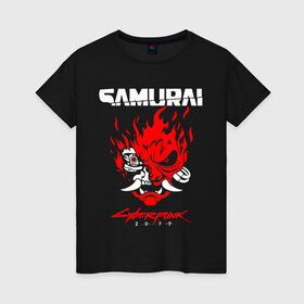 Женская футболка хлопок с принтом Cyberpunk 2077 в Курске, 100% хлопок | прямой крой, круглый вырез горловины, длина до линии бедер, слегка спущенное плечо | cyberpunk | cyberpunk 2077 | samurai | игры | киану ривз | киберпанк | самурай