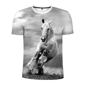 Мужская футболка 3D спортивная с принтом Белая лошадь в Курске, 100% полиэстер с улучшенными характеристиками | приталенный силуэт, круглая горловина, широкие плечи, сужается к линии бедра | animal | beautiful | gloss | horse | mane | mustang | muzzle | nature | white | wild | белый | грива | дикий | животное | конь | красивый | лоск | лошадь | мустанг | природа | скакун
