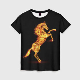Женская футболка 3D с принтом Огненная лошадь в Курске, 100% полиэфир ( синтетическое хлопкоподобное полотно) | прямой крой, круглый вырез горловины, длина до линии бедер | animal | beautiful | black | fiery | fire | hooves | horse | mane | wild | грива | дикий | животное | конь | копыта | красивый | лошадь | огненный | огонь | скакун | черный