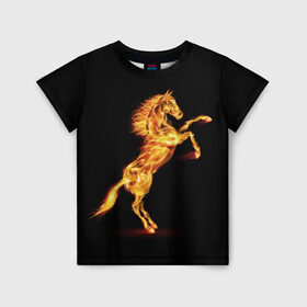 Детская футболка 3D с принтом Огненная лошадь в Курске, 100% гипоаллергенный полиэфир | прямой крой, круглый вырез горловины, длина до линии бедер, чуть спущенное плечо, ткань немного тянется | Тематика изображения на принте: animal | beautiful | black | fiery | fire | hooves | horse | mane | wild | грива | дикий | животное | конь | копыта | красивый | лошадь | огненный | огонь | скакун | черный