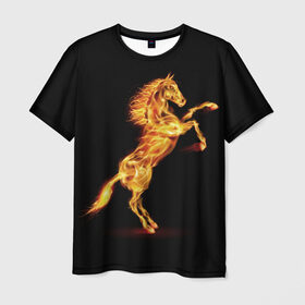 Мужская футболка 3D с принтом Огненная лошадь в Курске, 100% полиэфир | прямой крой, круглый вырез горловины, длина до линии бедер | animal | beautiful | black | fiery | fire | hooves | horse | mane | wild | грива | дикий | животное | конь | копыта | красивый | лошадь | огненный | огонь | скакун | черный