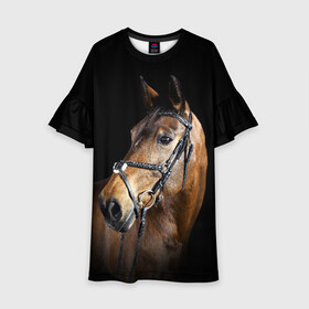 Детское платье 3D с принтом Гнедая лошадь в Курске, 100% полиэстер | прямой силуэт, чуть расширенный к низу. Круглая горловина, на рукавах — воланы | animal | beautiful | black | brown | eyes | gloss | harness | horse | look | muzzle | взгляд | глаза | гнедая | гнедой | животное | конь | коричневый | красивый | лоск | лошадь | сбруя | скакун | черный