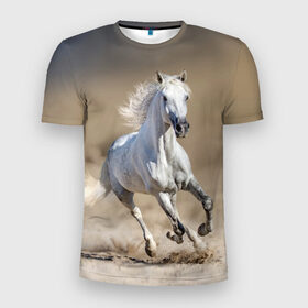 Мужская футболка 3D спортивная с принтом Белый конь в Курске, 100% полиэстер с улучшенными характеристиками | приталенный силуэт, круглая горловина, широкие плечи, сужается к линии бедра | animal | beautiful | desert | gloss | horse | mane | mustang | muzzle | nature | sand | white | wild | белый | грива | дикий | животное | конь | красивый | лоск | лошадь | мустанг | песок | природа | пустыня | скакун