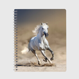 Тетрадь с принтом Белый конь в Курске, 100% бумага | 48 листов, плотность листов — 60 г/м2, плотность картонной обложки — 250 г/м2. Листы скреплены сбоку удобной пружинной спиралью. Уголки страниц и обложки скругленные. Цвет линий — светло-серый
 | animal | beautiful | desert | gloss | horse | mane | mustang | muzzle | nature | sand | white | wild | белый | грива | дикий | животное | конь | красивый | лоск | лошадь | мустанг | песок | природа | пустыня | скакун